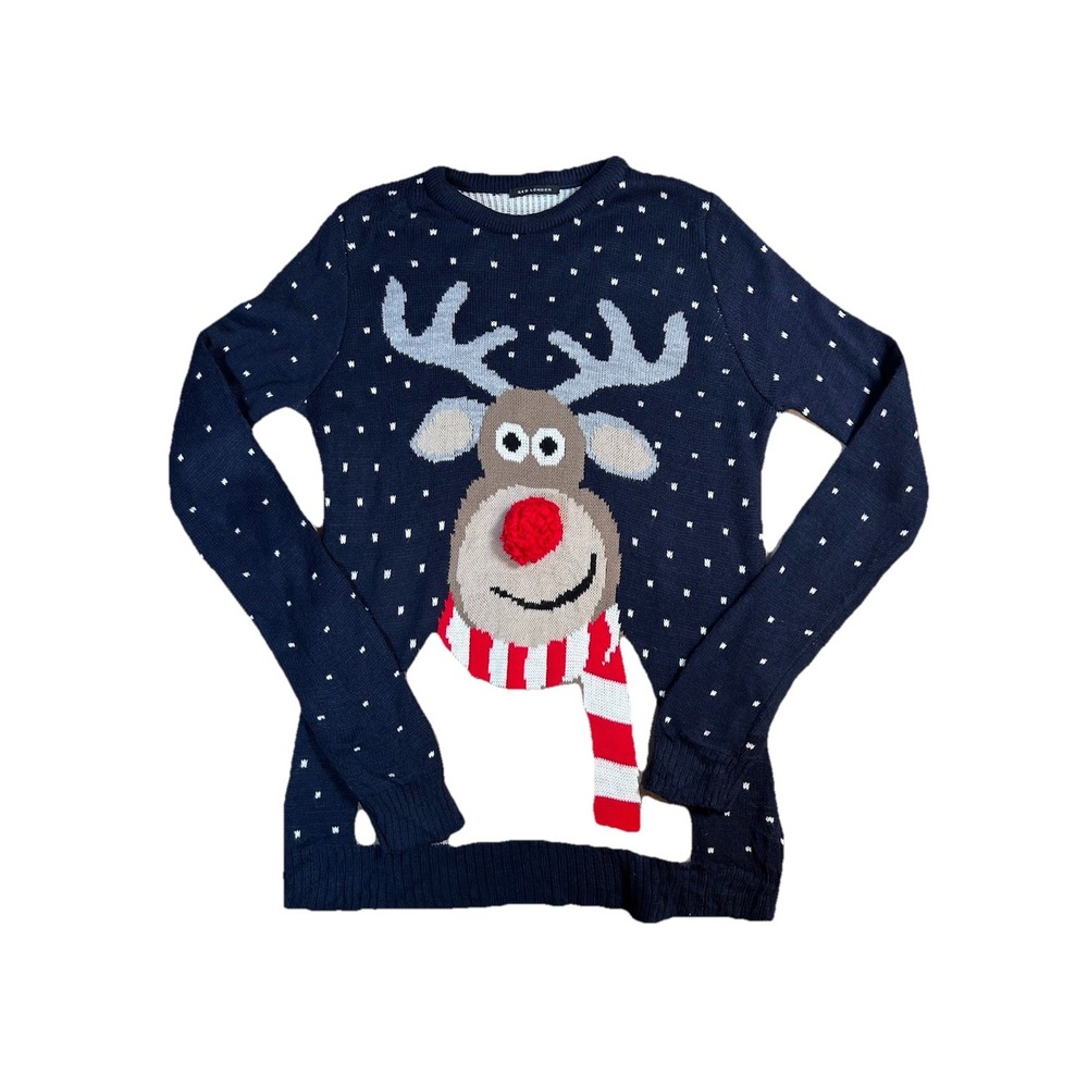 QED London Christmas Blue Sweater Rudolph Red Nose Pompom‎ Size 4